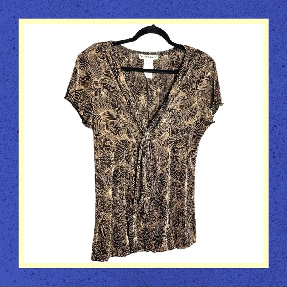 Seventh Avenue Tan & Black Blouse w Hanging Tie Wm XL